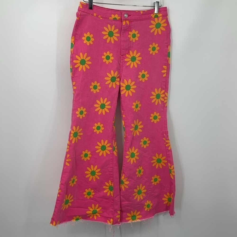 Free People Youthquake flared pink jeans flower daisy raw hem retro 70s women 30 - Picture 2 of 6